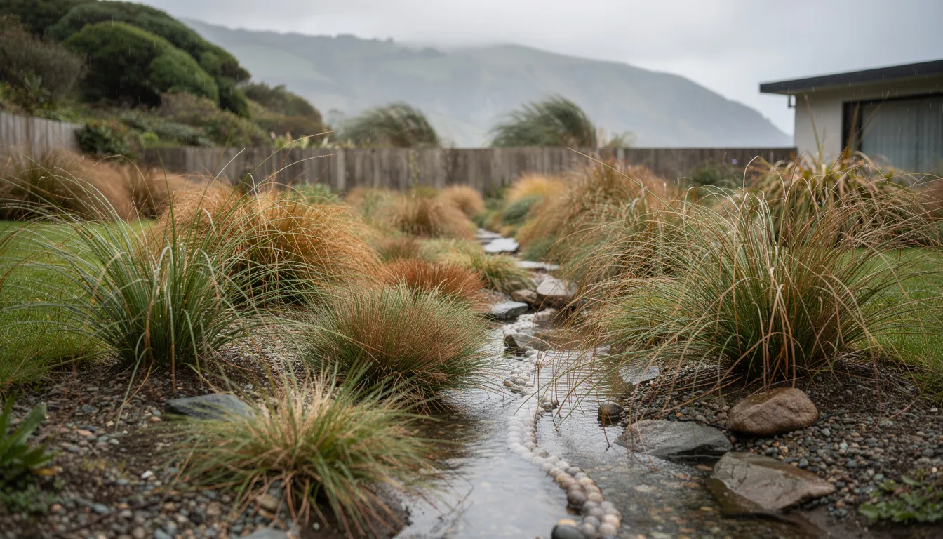 The image depicts a rain garden in a Wellington backyard, featuring native sedges and grasses that effectively filter stormwater, enhancing the outdoor space's ecological benefits. This sustainable landscaping project showcases local biodiversity while providing a low maintenance solution that thrives in Wellington's climate.
