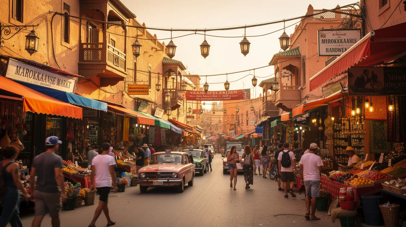 Een drukke straat in een Marokkaanse stad, vol met kleurrijke marktkraampjes en passerende auto's, waar bezoekers de lokale cultuur kunnen ervaren. Deze levendige omgeving biedt mogelijkheden voor autoverhuur in Agadir, ideaal voor het verkennen van de stad en de nabijgelegen Atlantische Oceaan.