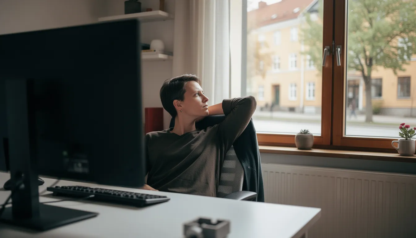 En person tar en paus från datorn och ser ut genom fönstret, kanske reflekterar över livet eller planerar att spela på ett pay n play casino. Ute syns en klar himmel och träd som svajar i vinden, vilket ger en känsla av lugn och avkoppling.