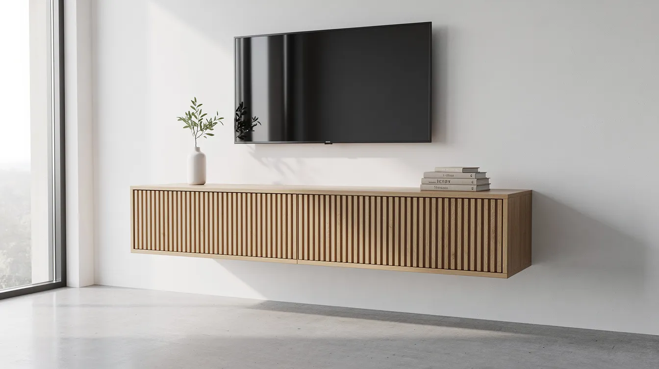 En väggmonterad tv bänk i trä med vertikala ribbor svävar elegant i ett minimalistiskt vardagsrum. Denna moderna möbel i furu ger en varm känsla och erbjuder förvaring samtidigt som den passar perfekt in i rummet.