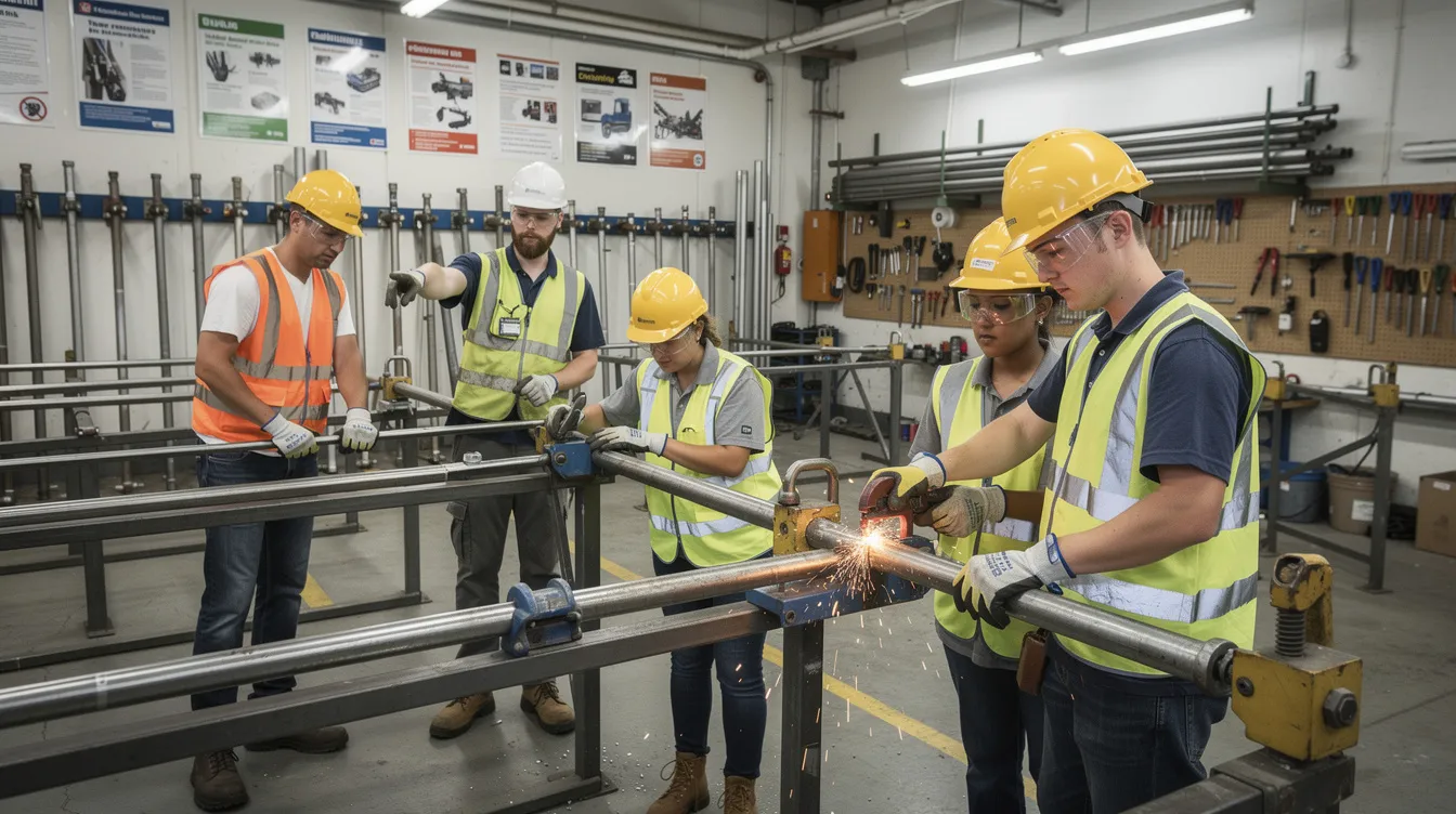 A group of young apprentices in safety gear are actively engaged in hands-on pipefitting skills within a workshop training environment, reflecting the importance of building a skilled workforce for future construction projects. The scene emphasizes their commitment to learning essential techniques that contribute to the construction industry’s growth and stability.