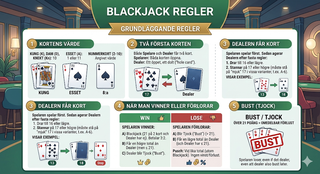 Blackjack regler – kortens värde, två första korten, dealern får kort och när man vinner eller förlorar