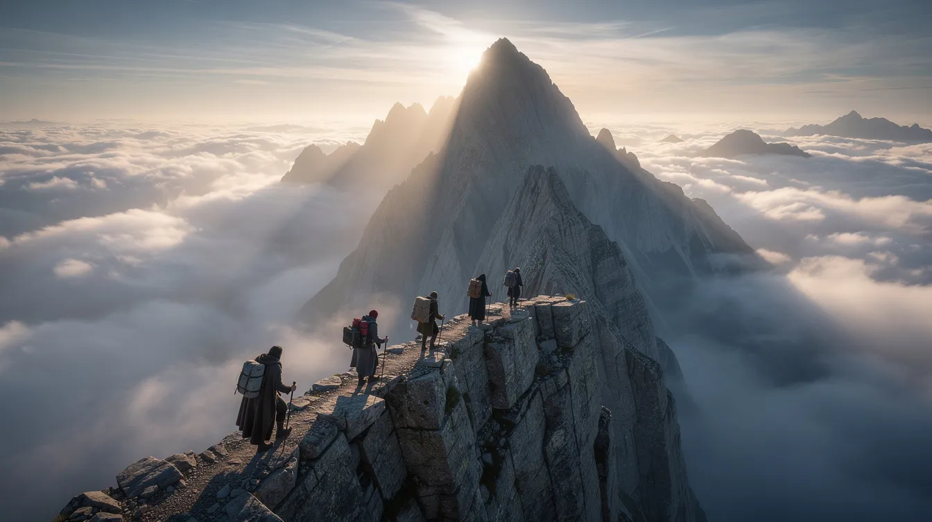 Eine geheimnisvolle Berglandschaft mit nebligen Höhen, in der eine kleine Gruppe von Reisenden einen schmalen Grat über den Wolken überquert, während dramatisches Licht von hinten auf sie scheint. Diese Szene erinnert an epische Abenteuer aus "Der Herr der Ringe" und die "Hobbit"-Filme, die in der fantastischen Welt Mittelerde spielen.