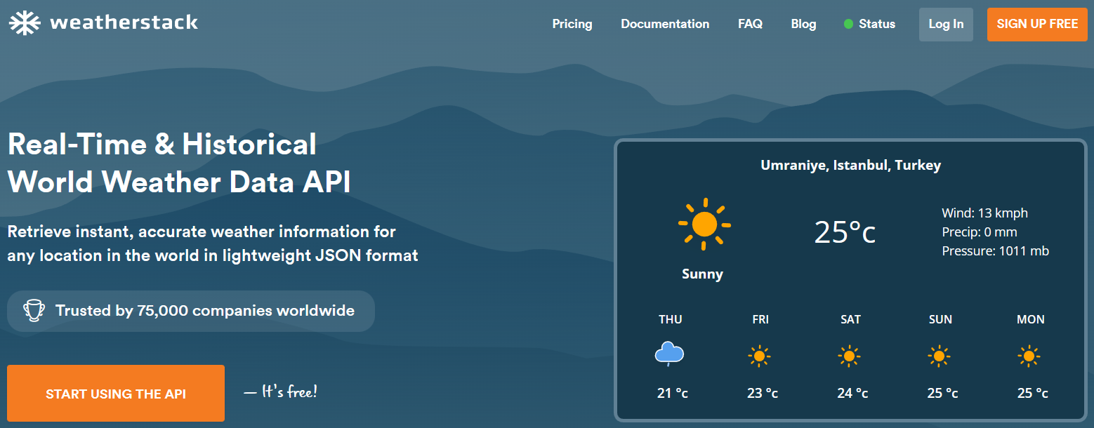 home page of the weatherstack api