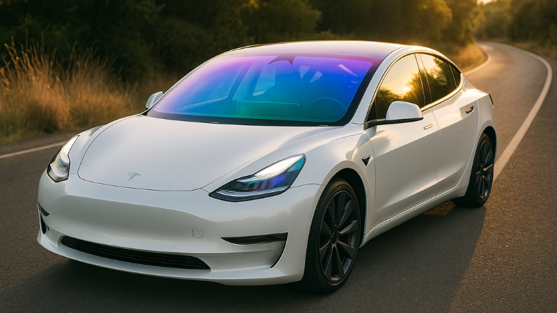 Tesla having windows wrapped in chameleon window tint film