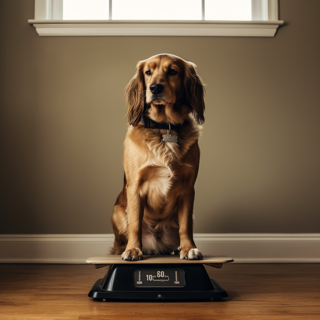 An image of a dog looking sad on a weighing scale, indicating the signs your dog needs to be neutered to prevent weight gain.