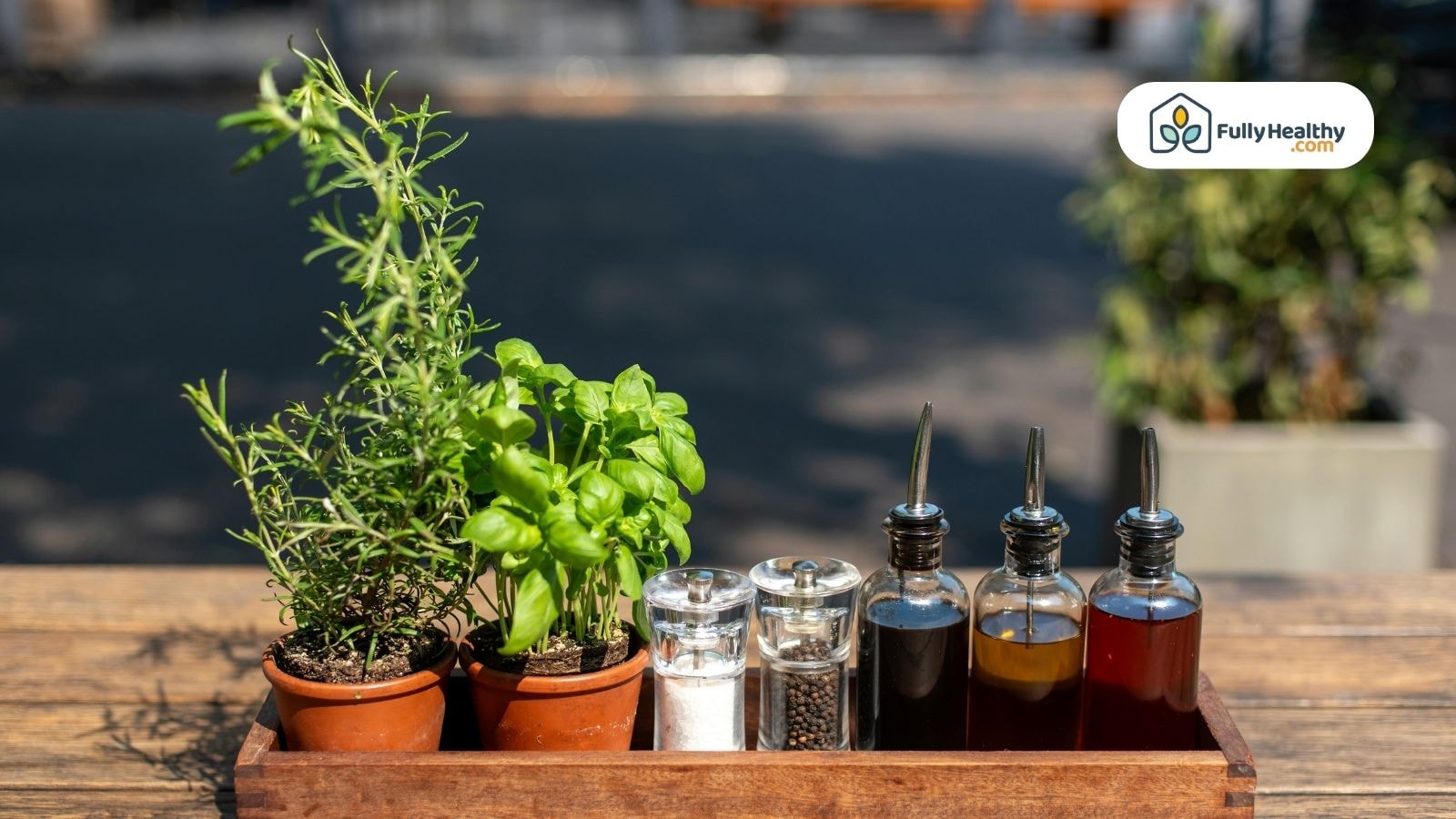 Small potted basil and rosemary plants beside bottles of olive oil, vinegar, and spices on an outdoor wooden table