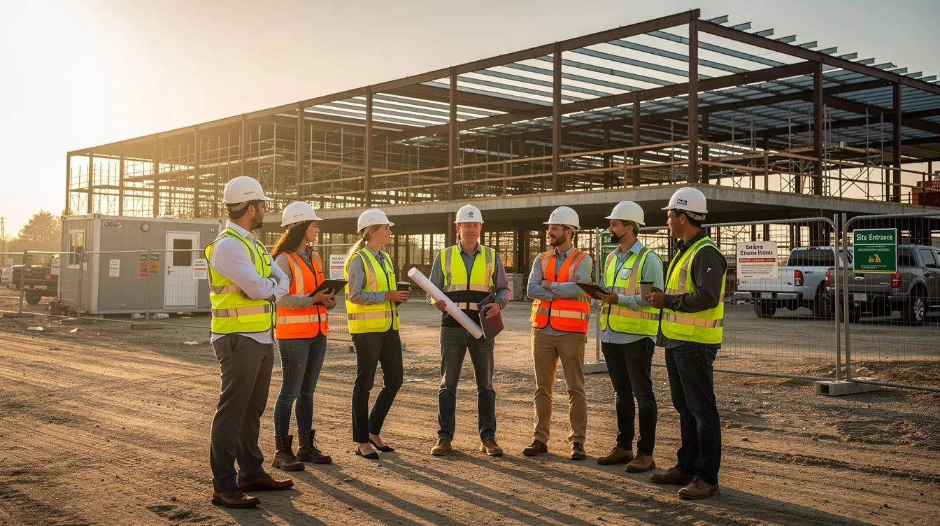 A small group of construction professionals is gathered outdoors for a morning meeting near a partially built commercial structure, discussing important topics related to the construction industry, such as succession planning and workforce development. The scene reflects the collaborative spirit of the construction business in the Ohio Valley, emphasizing leadership readiness and the importance of client relationships.