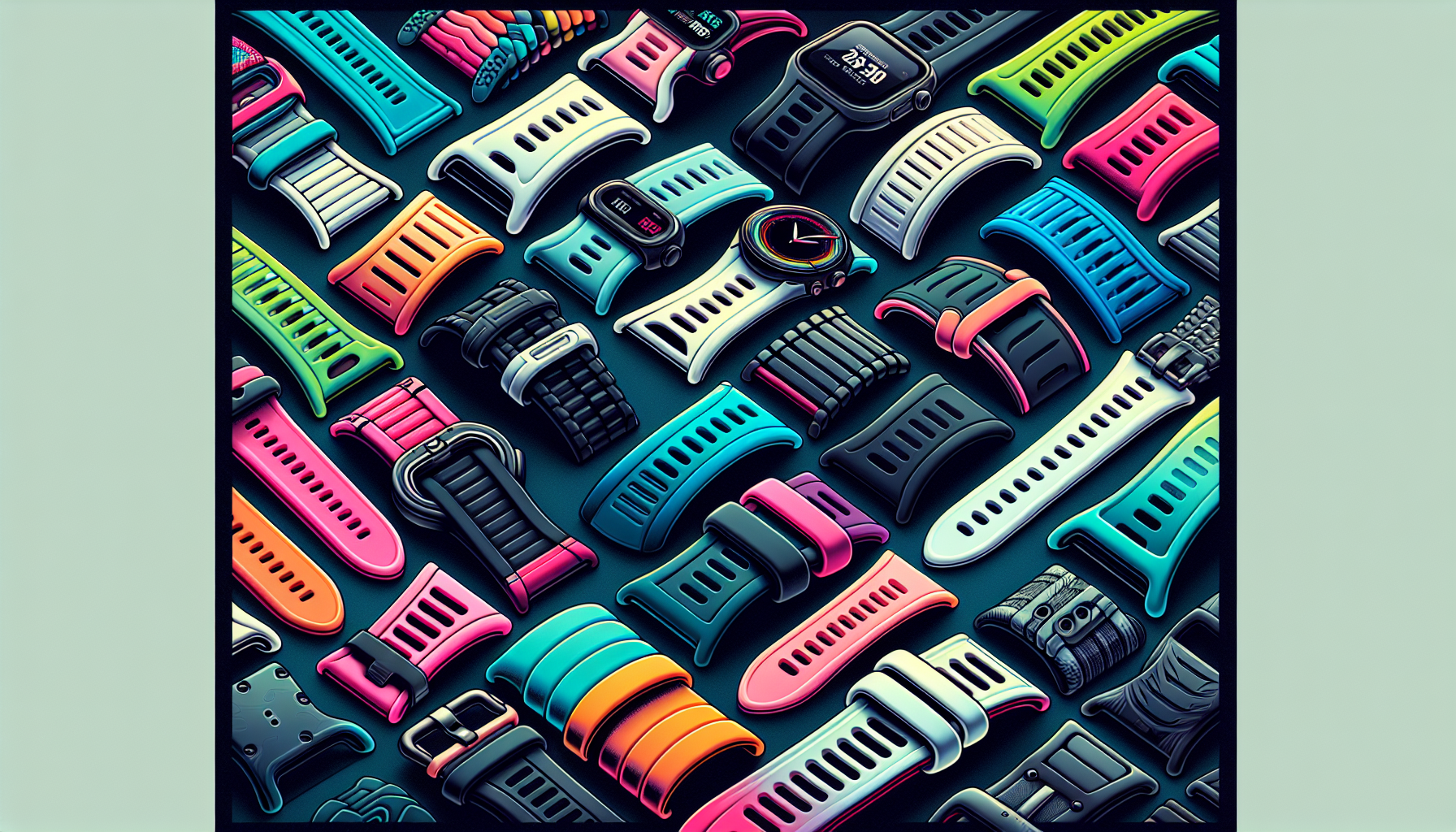 Illustration of colorful silicone watch bands in various styles and designs