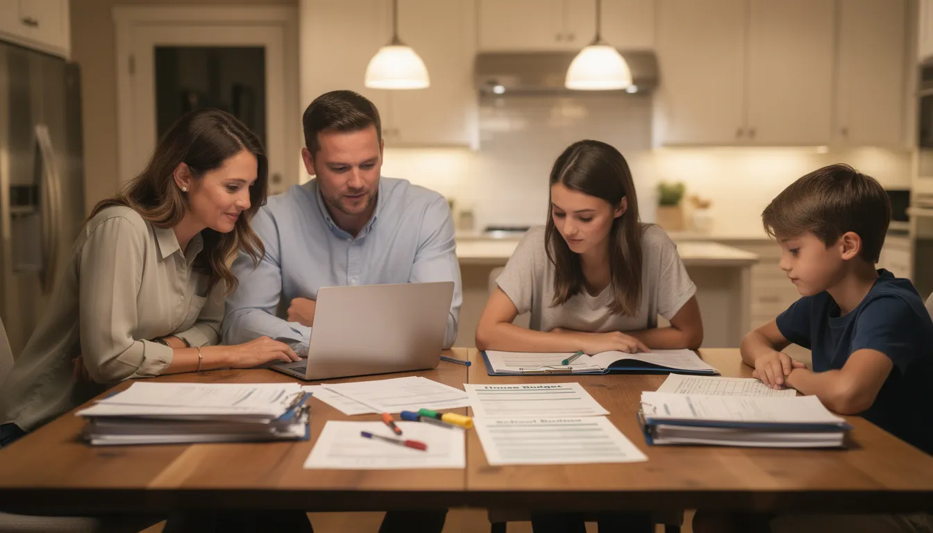 A family of four sits around a dining table, reviewing important estate planning documents together. They appear engaged and focused, discussing the best ways to protect their loved ones and assets during this major life event.