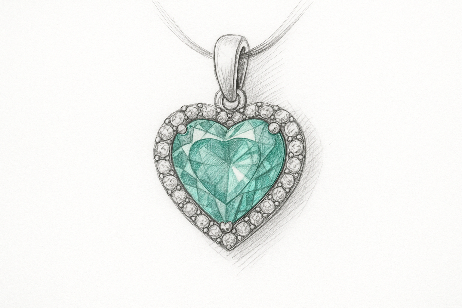 Eskizas – Rankomis pieštas širdelės formos akvamarino pakabukas su deimantų apvadu, pavaizduotas ant balto popieriaus