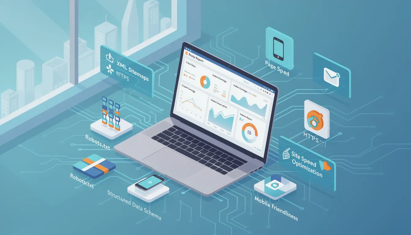 The image illustrates the concept of technical SEO, featuring a diagram that highlights various elements such as site structure, page speed, and keyword optimization, all crucial for improving a law firm's website visibility in search engine results. It emphasizes the importance of optimizing web pages for search engines to enhance search engine rankings and attract potential clients.