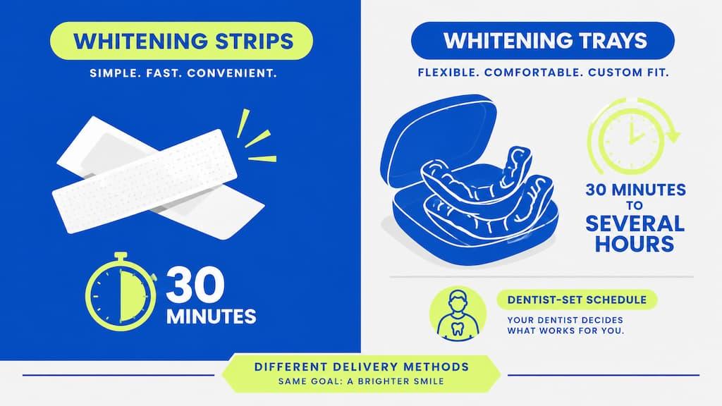 Comparison illustration: whitening strips around 30 minutes versus whitening trays from 30 minutes to several hours on a dentist-set schedule - different delivery methods, same goal