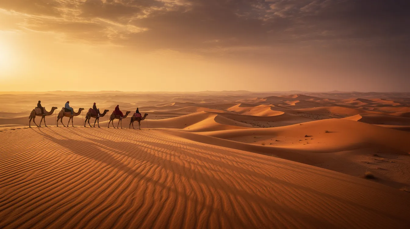 A breathtaking panoramic view of the golden Sahara sand dunes at sunset, featuring a line of camels and their riders silhouetted against the vibrant sky. This scene captures the essence of a Sahara desert tour, showcasing the stunning desert landscapes that attract travelers seeking an amazing experience in Morocco.