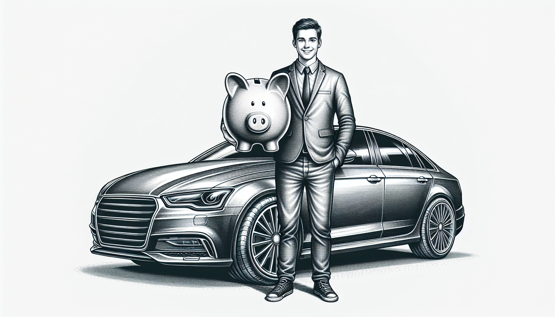 Illustration of a person with a piggy bank and a car, representing cost savings with extended warranties