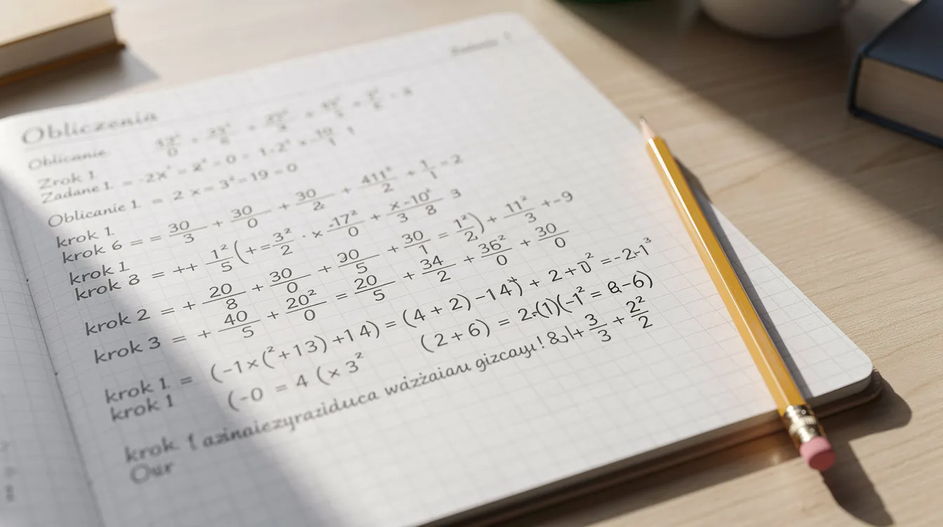Na zdjęciu znajduje się zeszyt szkolny z rozpisanymi obliczeniami matematycznymi krok po kroku, ilustrującymi kolejność wykonywania działań, obok leży ołówek. W zeszycie można zauważyć różne operacje, takie jak dodawanie, odejmowanie, mnożenie i dzielenie, które są kluczowe dla uzyskania poprawnego wyniku.