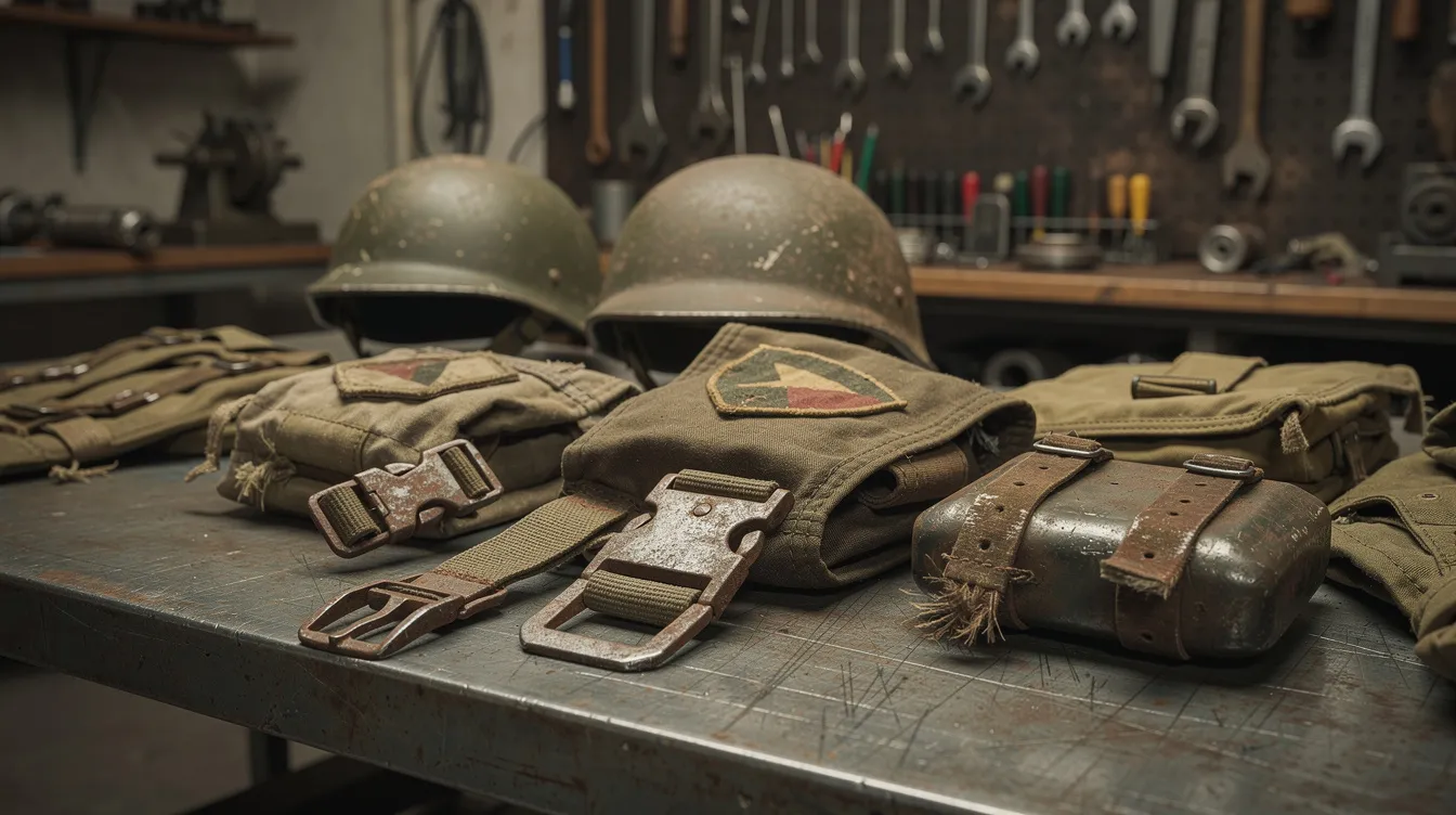 Die Nahaufnahme zeigt abgenutzte militärische Ausrüstungsgegenstände und Uniformteile auf einem Metalltisch, während im Hintergrund eine Werkstatt mit verschiedenen Werkzeugen und Maschinenteilen zu sehen ist. Diese Szene erinnert an das Star-Wars-Universum, insbesondere an die Requisiten aus "Rogue One: A Star Wars Story".