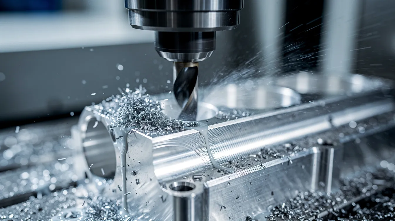 A close-up view of a CNC milling machine actively cutting an aluminum prototype part, with a visible spray of coolant to keep the cutting tools cool during the CNC machining process. The image highlights the precision and complexity involved in creating high-quality machined prototypes for various industries.