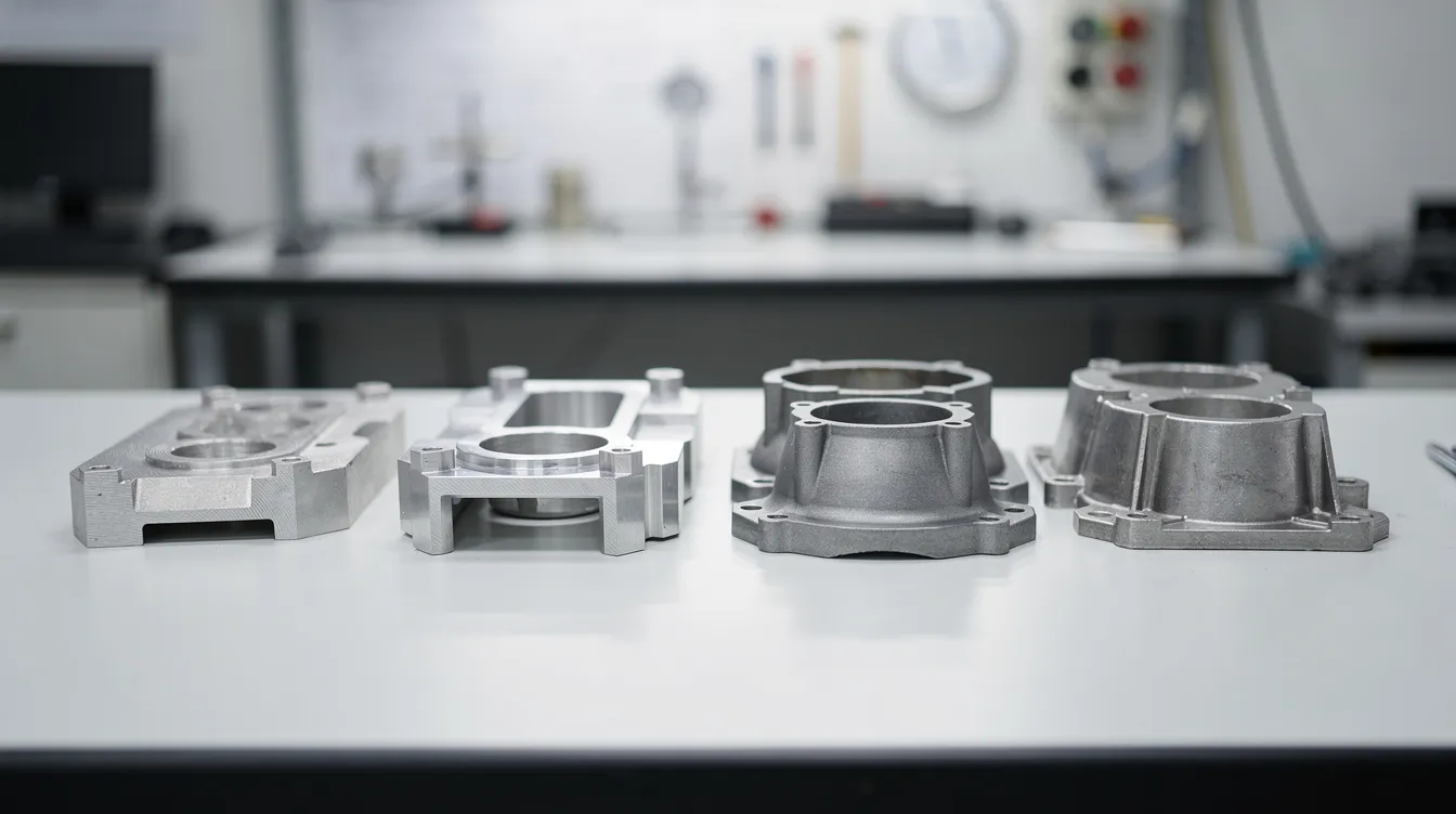 The image shows a row of finished aluminum parts on an inspection table, featuring both CNC machined prototypes and die cast production versions. The contrast between the high precision of CNC machining and the efficient die casting process highlights the advantages and disadvantages of each manufacturing method for producing complex shapes and metal components.