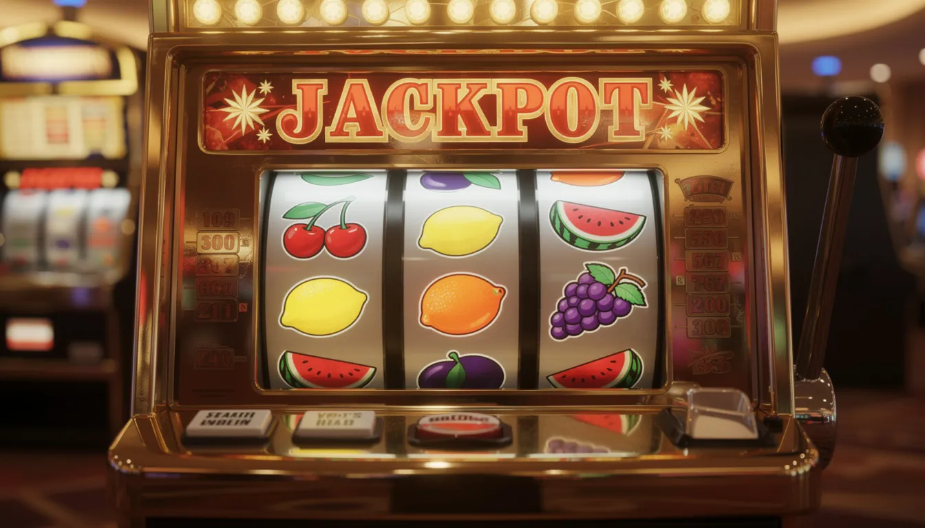 Classic slot machine with fruit symbols and a prominent jackpot display.