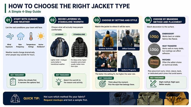How to choose the right jacket type infographic for climate, warmth, style, and branding method