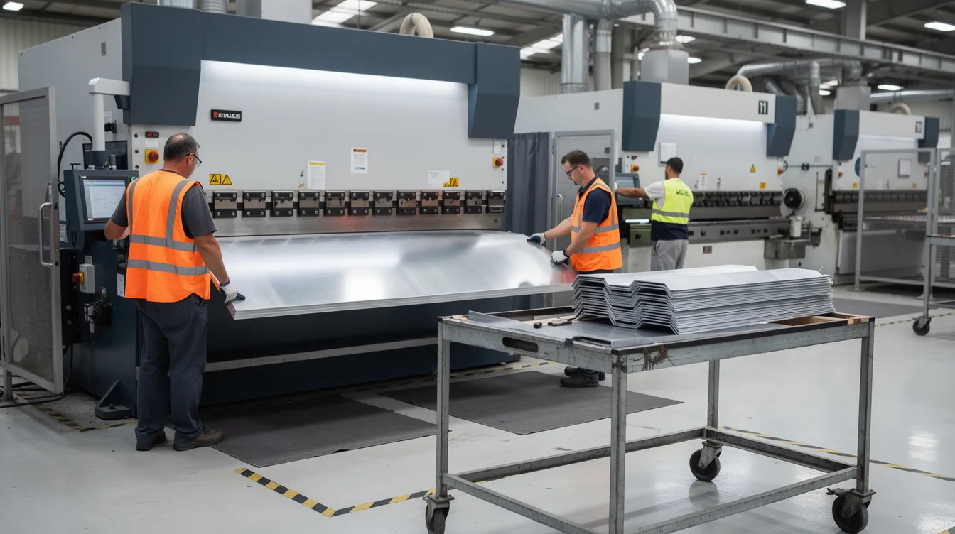 A factory floor scene shows technicians operating a CNC press brake to bend a large aluminum panel, with various formed sheet metal parts stacked on a nearby cart, highlighting the sheet metal fabrication processes involved in manufacturing. The environment reflects a focus on precision and efficiency in producing custom sheet metal parts.