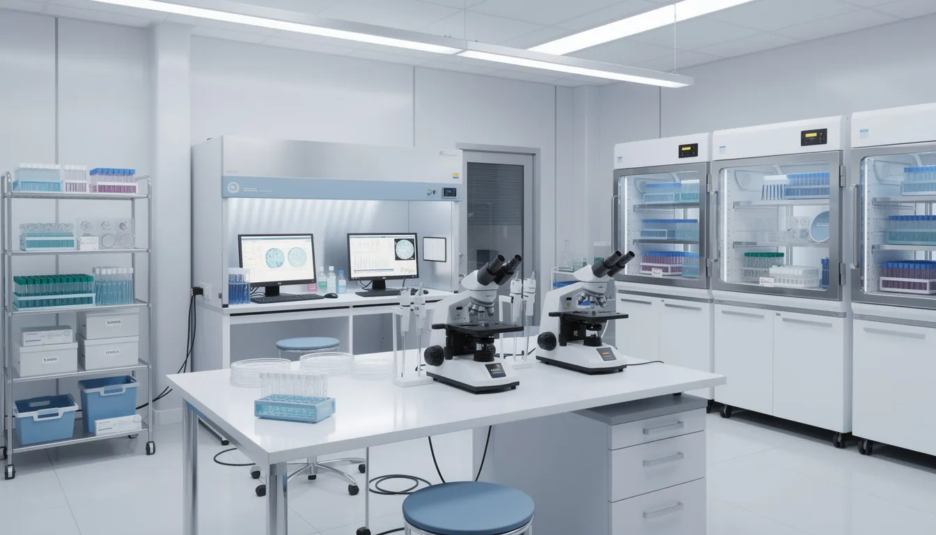 L'image montre un laboratoire moderne de fécondation in vitro (FIV) équipé de matériel médical avancé, comprenant des microscopes et des incubateurs pour le développement des embryons. Ce cadre scientifique est essentiel pour le traitement de la fertilité et la prise en charge des couples souhaitant concevoir un enfant.
