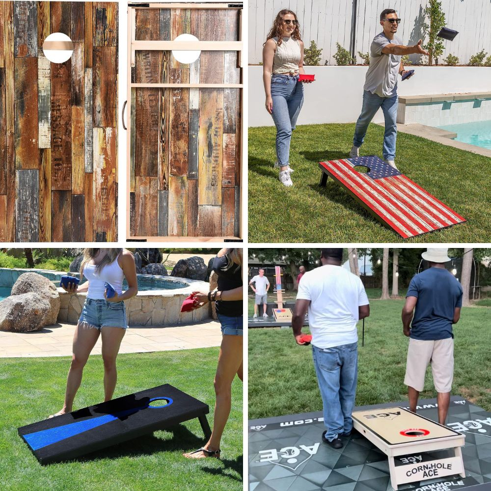 A variety of custom cornhole boards with different designs and colors