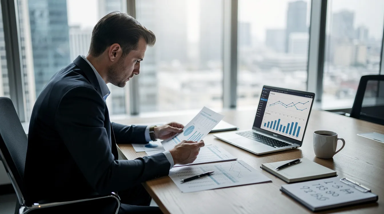 A business owner is seated at an office desk, intently reviewing financial documents while a laptop is open in front of them. The scene reflects the critical nature of managing 中小企業 貸款 and financial planning for small and medium-sized enterprises.