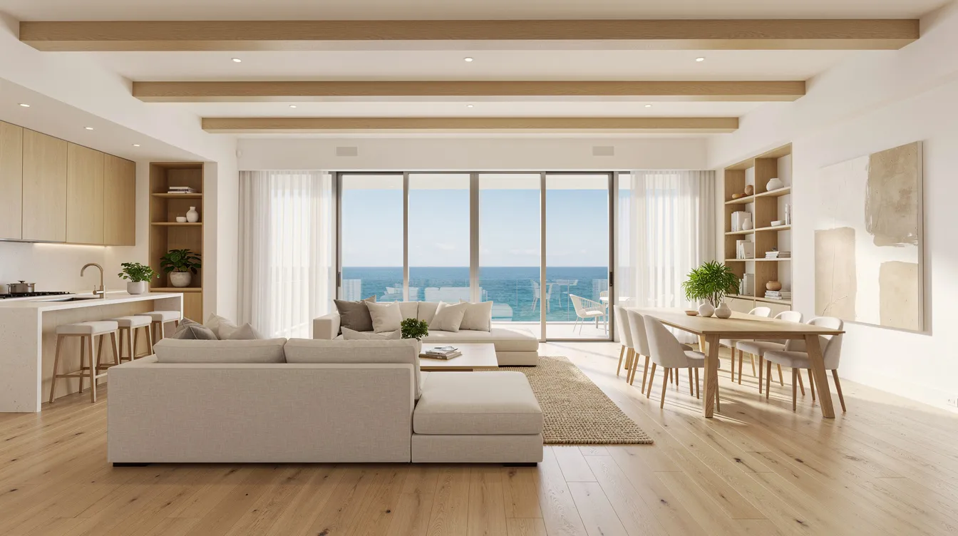 The image depicts a bright, open-plan home in Boca Raton, featuring warm white walls that create a harmonious atmosphere. Floor-to-ceiling windows offer an ocean view, while natural wood accents add richness to the interior design, showcasing a balanced palette of warm colors and soft hues.
