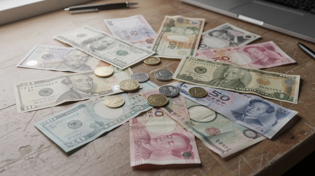 The image depicts a variety of international currency banknotes and coins scattered across a desk, highlighting multiple currencies such as GBP, EUR, and USD. This visual representation reflects the complexities of international payments and business transactions, emphasizing the importance of managing foreign transaction fees and currency conversion in today's global economy.