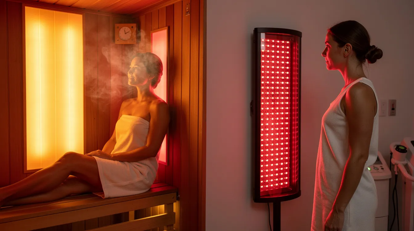 The image shows a split view featuring a person inside a wooden near infrared sauna cabin on one side, while on the other side, another individual is using a targeted light therapy panel. This visual highlights the differences in infrared sauna therapy, showcasing the benefits of both near and far infrared for skin health and pain relief.