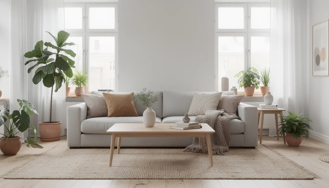 Ett nordiskt vardagsrum med en stilren soffa, mjuka textilier och gröna växter som skapar en inbjudande atmosfär. Rummet präglas av skandinavisk design och moderna möbler som bidrar till en harmonisk inredning.