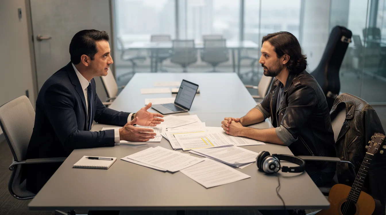 An attorney and a musician are engaged in a discussion at a conference table, reviewing important documents related to entertainment law and the music industry. The scene highlights the intersection of legal expertise and artistic interests, emphasizing the importance of intellectual property protection for recording artists and music publishers.