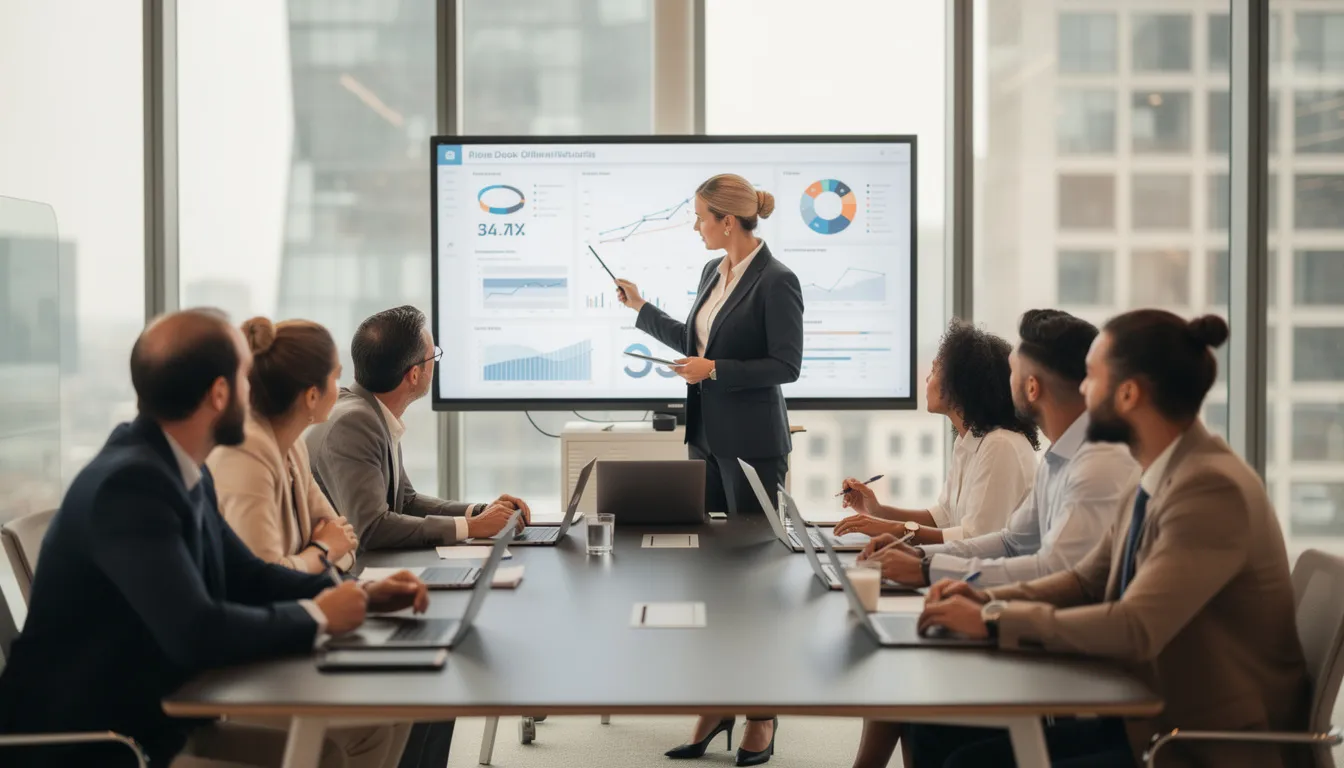 4ffc493f a9e6 490a 8120 4a05291af348 Dyrektor finansowy prowadzi spotkanie z różnorodnym zespołem finansowym w nowoczesnej przestrzeni współpracy, koncentrując się na kluczowych decyzjach biznesowych i realizacji strategii finansowej przedsiębiorstwa. W tle widać interaktywne tablice oraz zespół zaangażowanych pracowników, co podkreśla dynamiczną atmosferę pracy w dziedzinie finansów.