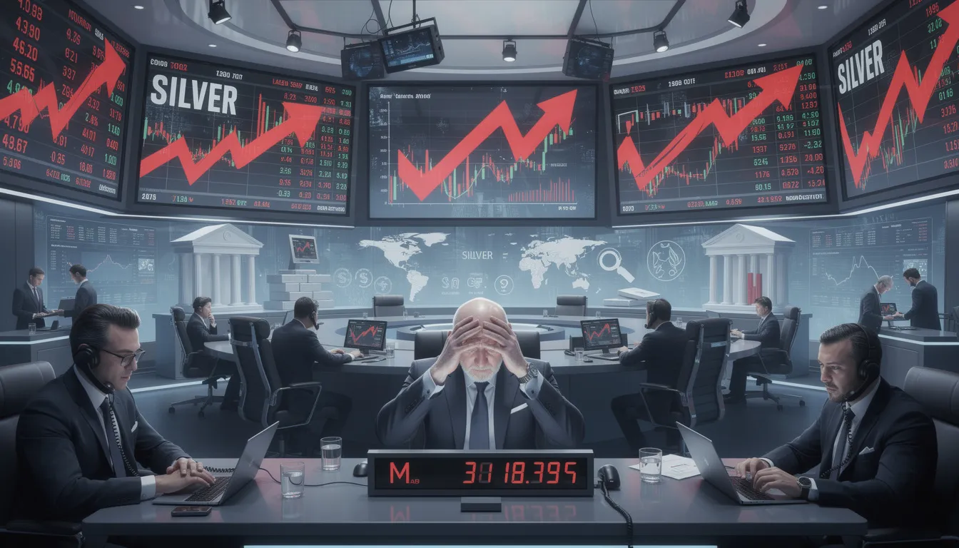 The image depicts a dramatic stock market chart illustrating the silver crash of early 2026, characterized by a steep decline indicating that silver prices have entered bear market territory. The sudden drop is attributed to political uncertainty and vulnerabilities in the paper silver market, erasing months of gains in a single session.