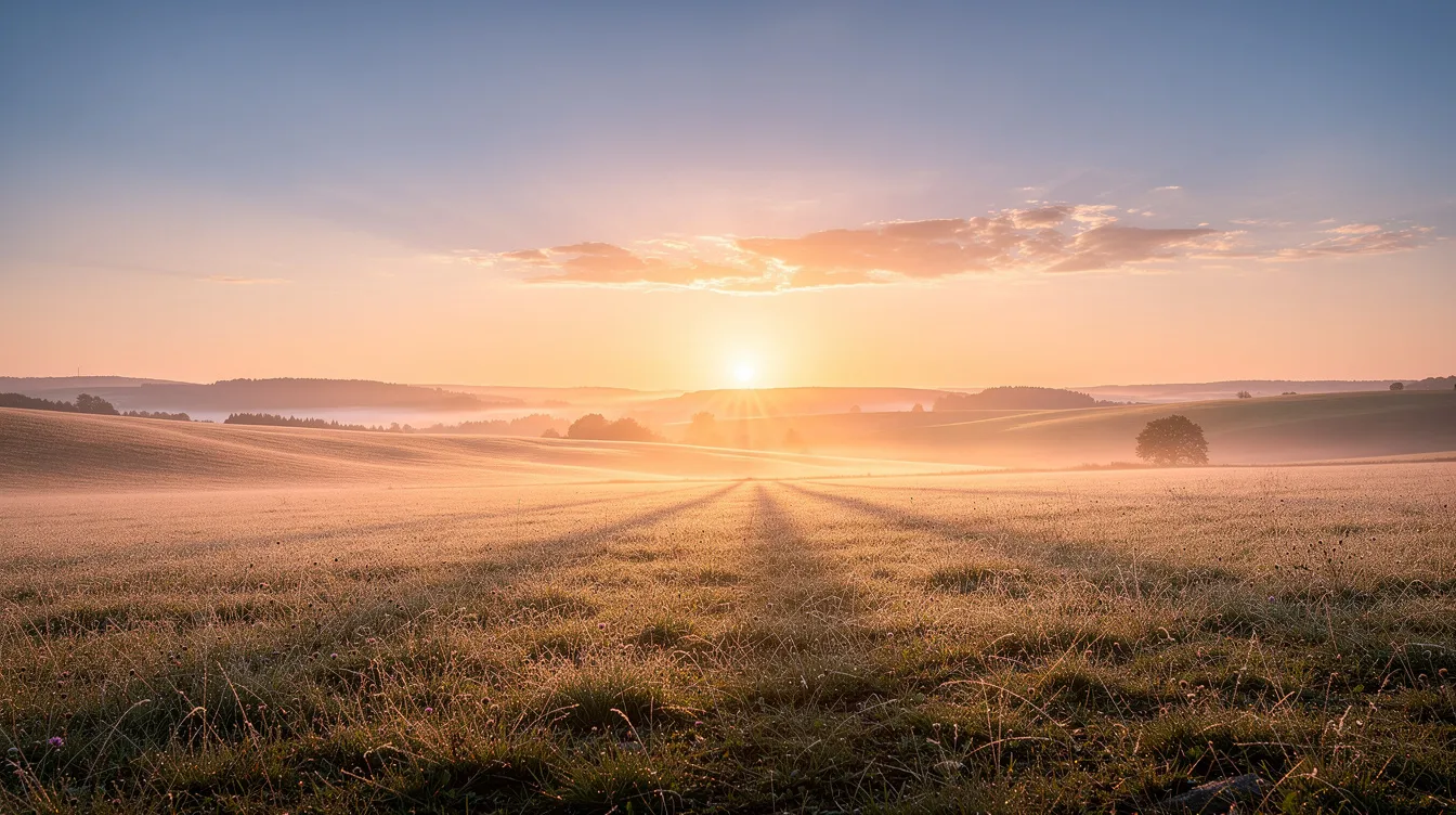 A serene sunrise casts a warm glow over a tranquil landscape, symbolizing the start of a new day and wakefulness. This peaceful scene evokes a sense of renewal, much like the treatment strategies aimed at significantly improving sleep latency in conditions such as narcolepsy and idiopathic hypersomnia.