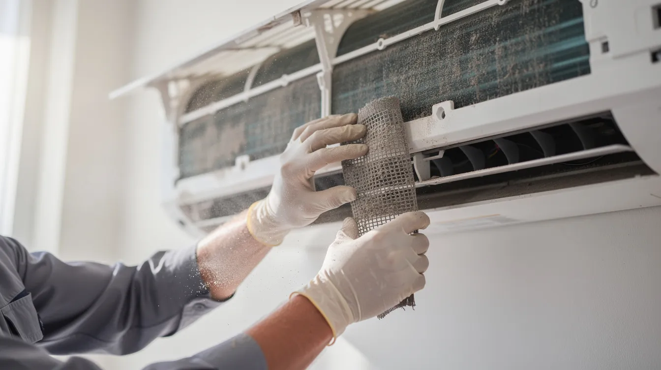 A technician's hands are seen closely as they clean the filters of a wall-mounted split air conditioner indoors, ensuring the unit operates efficiently and provides comfortable air conditioning. The image highlights the importance of regular maintenance for reliable air conditioners in residential and commercial spaces.