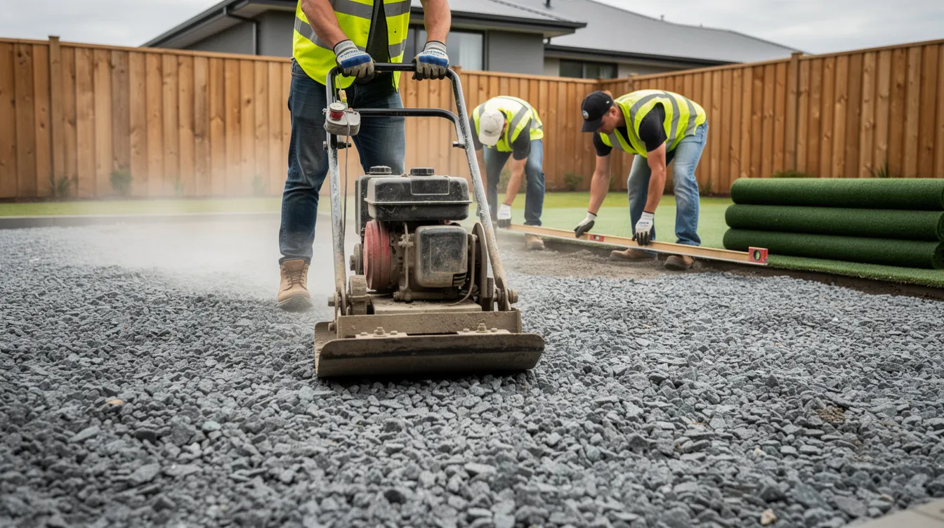 A landscaping crew is seen in a close-up view as they compact a crushed rock base layer in preparation for the installation of high-quality artificial turf in a residential backyard. This essential step ensures proper drainage and a stable foundation for the synthetic grass, which offers a low-maintenance alternative to natural grass.
