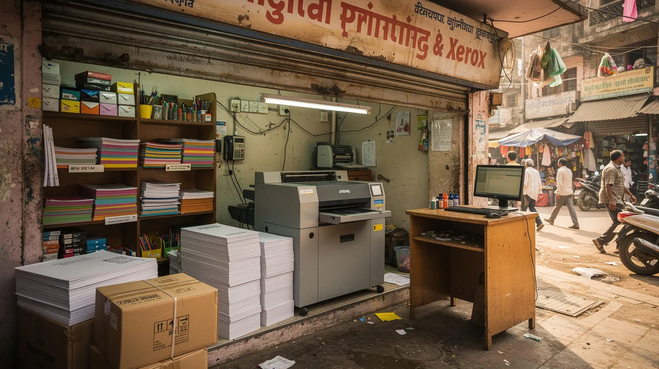 5001b603 24ef 4014 b641 e8557cc39fe5 The image depicts a small printing workshop located in an Indian market area, featuring a digital printing machine surrounded by various paper supplies. This setting reflects the vibrant environment where micro enterprises can thrive, often supported by financial institutions offering loans under schemes like the Pradhan Mantri Mudra Yojana to assist eligible borrowers in their business endeavors.