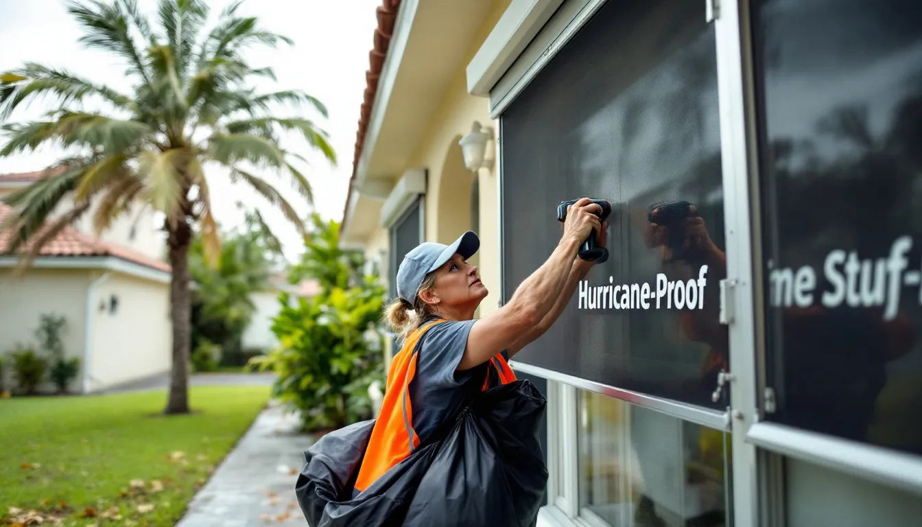 A homeowner is seen securing storm shutters on their house in Florida as part of their hurricane preparedness efforts for the upcoming hurricane season. The image emphasizes the importance of protecting the home's structure against strong winds and potential flooding during severe weather events.