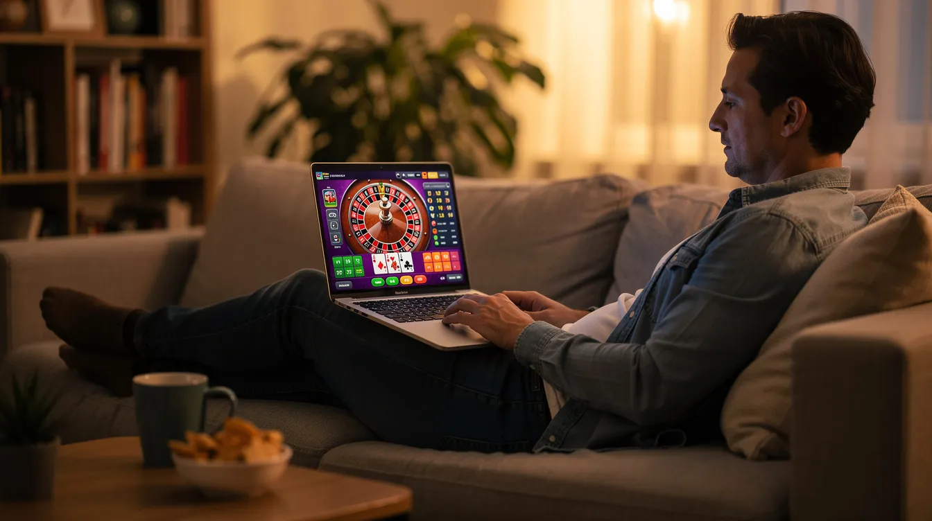 Eine Person sitzt entspannt auf einem Sofa und betrachtet auf ihrem Laptop ein Online-Casino-Spiel, umgeben von einer gemütlichen Atmosphäre. Das Bild vermittelt ein Gefühl von Spielspaß und Entspannung, während die Spielerin die Auswahl an Spielen auf der Online-Glücksspielplattform erkundet.