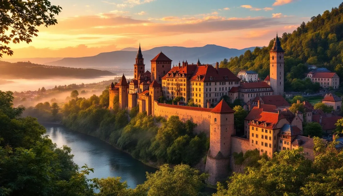 Die romantische Aussicht auf Heidelberg zeigt das majestätische Heidelberger Schloss, das sich malerisch über dem Neckar erhebt, während die Sonne am Horizont untergeht und die Stadt in warmes Licht taucht. Diese Kulisse bietet eine traumhafte Location für Hochzeiten in Heidelberg und schafft ein unvergessliches Ambiente für Brautpaare und ihre Gäste.