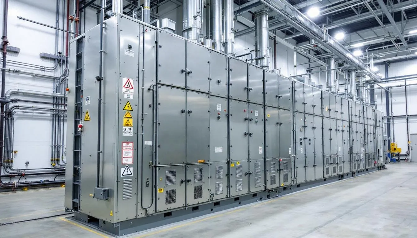 En la imagen se muestra un alternador industrial de gran tamaño instalado en una central eléctrica, donde se convierte energía mecánica en electricidad a través de un rotor que gira dentro de un campo magnético, generando corriente alterna. Este dispositivo es esencial para la generación de potencia eléctrica en la industria.