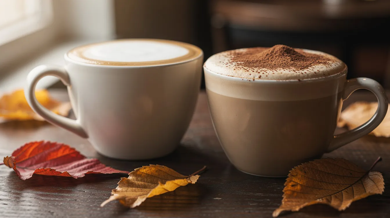 Dwa kubki hojicha latte, jeden oprószony cynamonem, na ciemnym drewnianym stole wśród jesiennych liści