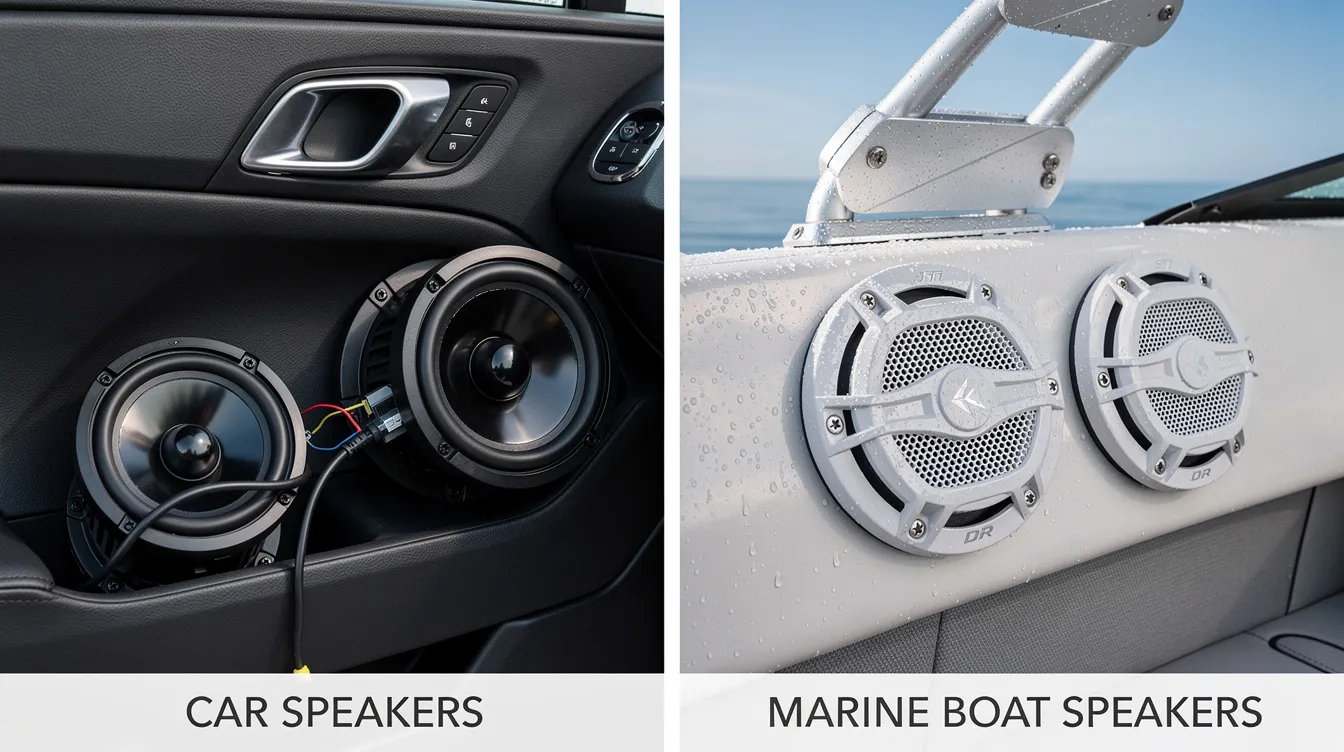 The image compares car speakers and marine boat speakers, highlighting their differences in design and durability. Marine speakers, designed for open water environments, offer features like moisture resistance and powerful sound, making them ideal for boat owners looking to upgrade their boat's sound system, while car audio systems focus on performance and clarity for road use.