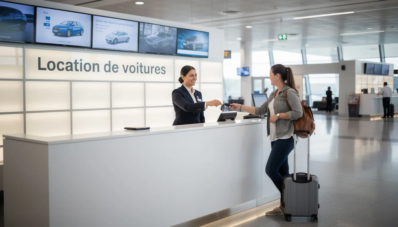 L'image montre un comptoir de location de voitures chez Sixt, où un agent souriant remet des clés à un client satisfait. Ce moment illustre le service client de qualité, essentiel pour une expérience de location de voiture réussie.