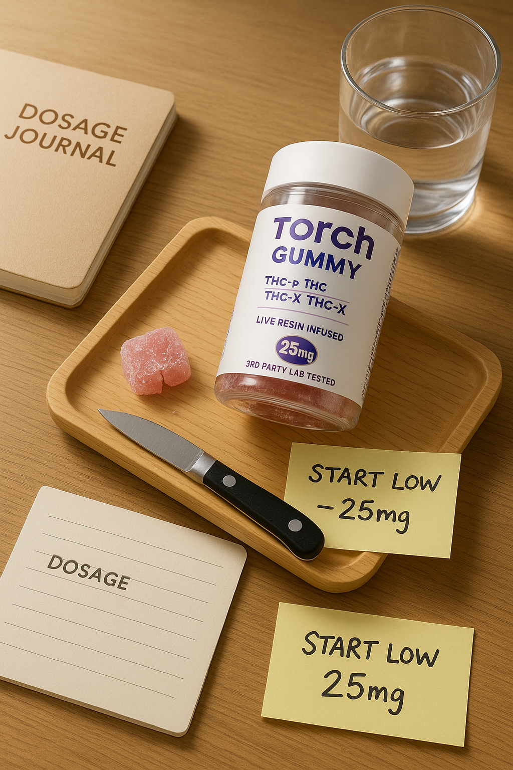 Flat lay showing a single 25mg Torch Gummy cut into smaller pieces on a tray, with a dosage note, journal, and sealed product jar emphasizing safe use for beginners.