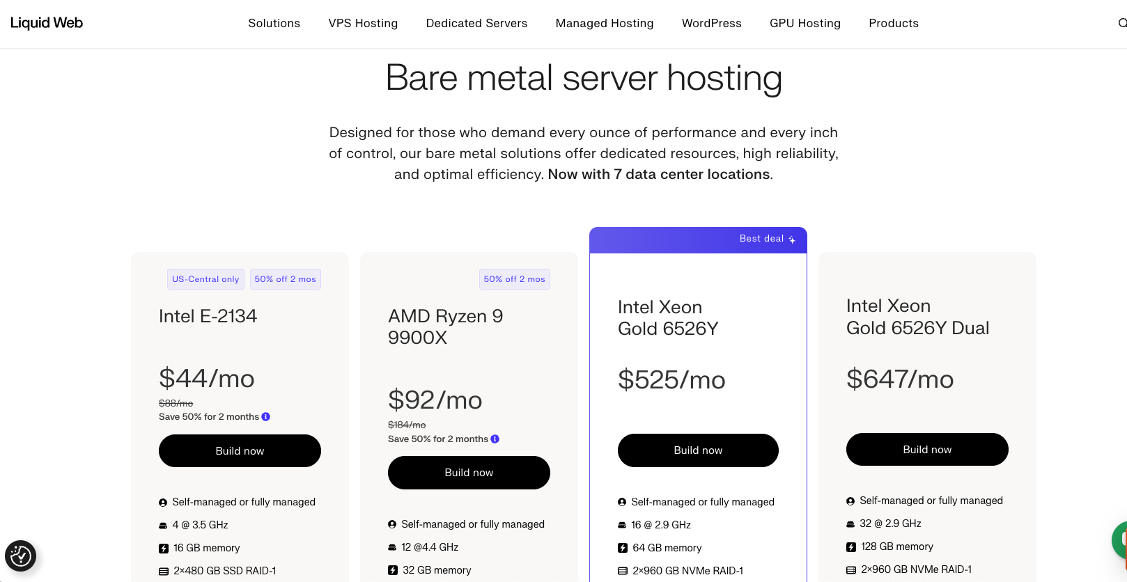 Liquid Web unmetered dedicated server pricing and configuration page