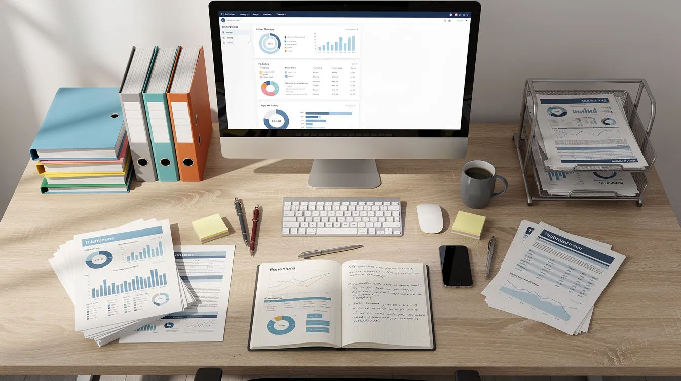 The image depicts an office desk cluttered with paperwork, a computer, and various documents related to the workers compensation claims process. It suggests a setting where an injured worker might be organizing medical records and claim forms to file a workers comp claim and receive workers compensation benefits.